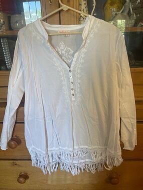 fresh produce White Embroidered Fringe Tunic Top
